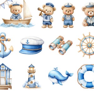 May include: A collection of nautical-themed illustrations featuring teddy bears in sailor outfits, a sailboat, an anchor, a sailor cap, binoculars, a ship wheel, a beach hut, a lighthouse, a blue whale, and a lifebuoy with blue and white accents.