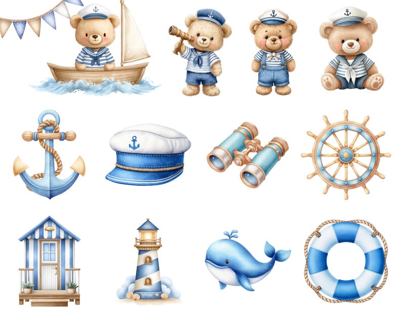 May include: A collection of nautical-themed illustrations featuring teddy bears in sailor outfits, a sailboat, an anchor, a sailor cap, binoculars, a ship wheel, a beach hut, a lighthouse, a blue whale, and a lifebuoy with blue and white accents.