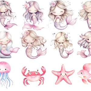 Puede incluir: Un conjunto de 10 ilustraciones de acuarela con sirenas, un cangrejo, una estrella de mar y un pez. Las sirenas llevan todas flores en el pelo y tienen colas largas y flotantes. El cangrejo es rojo y tiene una cara feliz. La estrella de mar es rosa y tiene una cara feliz. El pez es rosa y tiene una cara feliz.