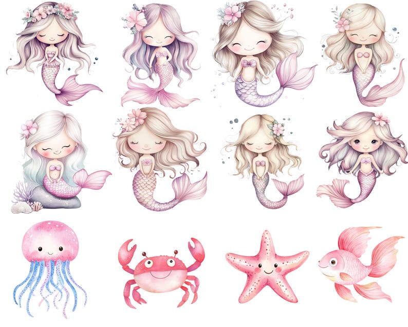Puede incluir: Un conjunto de 10 ilustraciones de acuarela con sirenas, un cangrejo, una estrella de mar y un pez. Las sirenas llevan todas flores en el pelo y tienen colas largas y flotantes. El cangrejo es rojo y tiene una cara feliz. La estrella de mar es rosa y tiene una cara feliz. El pez es rosa y tiene una cara feliz.