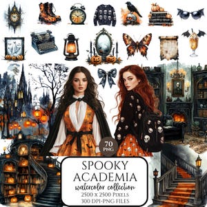 Watercolor Halloween Academia Clipart, Spooky Gothic PNG, Dark Academia Aesthetic, Bookshop & Bookcase Art, Digital Stickers, Commercial Use