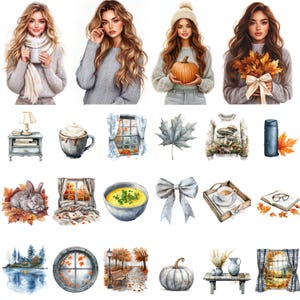 May include: Watercolor illustrations featuring autumn themes. Includes portraits of women in sweaters, a pumpkin, fall leaves, a sweater with mushrooms, a rabbit, a bowl of soup, a bow, a tray with a cup, a landscape, a window, a pumpkin, and a table with vases.