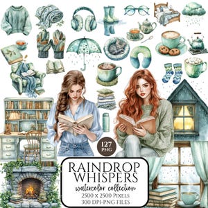 Clipart boekenliefhebber, aquarel lente lezen png, humeurig lentemeisje, digitale stickers, boekenliefhebber, scrapbooking, commercieel gebruik