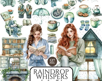 Booklover Clipart, Watercolor Springtime Reading PNG, Moody Spring Girl, Digital Stickers, Book Lover, Scrapbooking, Commercial Use