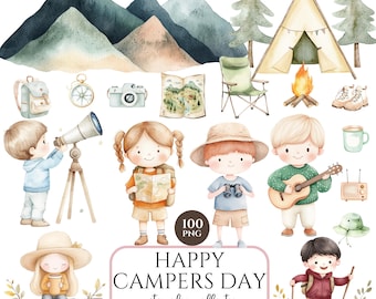 May include: Watercolor illustration of camping-themed elements, including mountains, a tent, campfire, and children with camping gear. The text "HAPPY CAMPERS DAY" is also included.