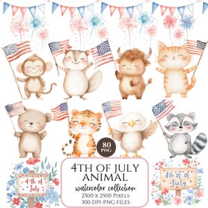 Clipart de animales lindos del 4 de julio, Día de la Independencia en acuarela, Safari de osos y zorros en el bosque, Arte patriótico infantil, Descarga digital
