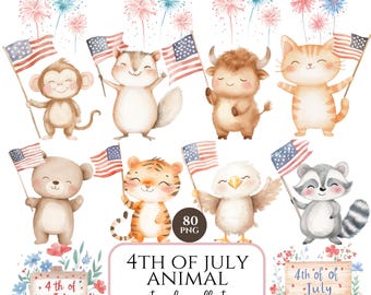4. Juli Süße Tiere Clipart, Aquarell Unabhängigkeitstag, Bär Fuchs Safari Waldland, Kinder Vaterländische Kunst, digitaler Download