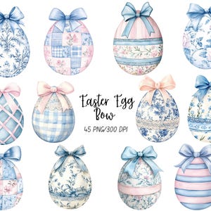 May include: Watercolor illustrations of Easter eggs with bows in various designs. The eggs feature floral patterns, patchwork, and stripes in pastel blue, pink, and white. Each egg is adorned with a matching bow. The text "Easter Egg Bow" is also visible.