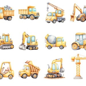 May include: Watercolor illustration of various yellow construction vehicles, including a dump truck, excavator, crane, and bulldozer. The vehicles are depicted in a cartoon style, with blue and gray accents. The image is a collection of construction-themed illustrations.