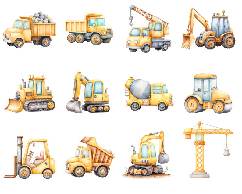 May include: Watercolor illustration of various yellow construction vehicles, including a dump truck, excavator, crane, and bulldozer. The vehicles are depicted in a cartoon style, with blue and gray accents. The image is a collection of construction-themed illustrations.