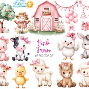 May include: Watercolor illustration of a pink farm scene with a barn, animals, and decorative elements. Includes a pig, cow, chick, donkey, lamb, and horse, all with bows. The text "Pink Farm" is displayed.