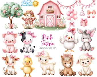 Farm Clipart, Watercolor, Pink Farm Png, Nursery Clipart, Baby Shower, Birthday, Barn, Cow, Tractor, Horse, Duck, Commercial Use