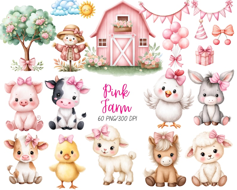 May include: Watercolor illustration of a pink farm scene with a barn, animals, and decorative elements. Includes a pig, cow, chick, donkey, lamb, and horse, all with bows. The text "Pink Farm" is displayed.
