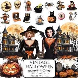 Vintage Halloween Clipart Bundle, Spooky PNG for Sublimation & Scrapbooking, Whimsical Halloween Art, Commercial Use