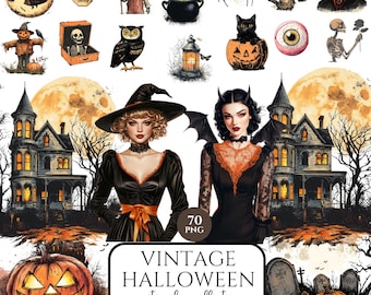 以下が含まれることがあります： さまざまな不気味なイラストが特徴の、ヴィンテージハロウィーン水彩コレクション。魔女、骸骨、カボチャ頭のかかし、大釜、クモ、フクロウ、カボチャの中の黒猫、吸血鬼の画像が含まれています。このコレクションには、ヴィンテージのハロウィーン衣装を着た2人の女性、お化け屋敷、ジャック・オ・ランタンも含まれています。