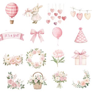K&ouml;nnte beinhalten: Aquarellillustrationen f&uuml;r eine Babyparty. Enth&auml;lt einen rosa Hei&szlig;luftballon, ein H&auml;schen mit Geschenk, ein Banner mit der Aufschrift "It's a Girl!", eine rosa Schleife, einen Ballon, eine Partyhut, Blumenarrangements, eine Geschenkbox und h&auml;ngende Herzen.