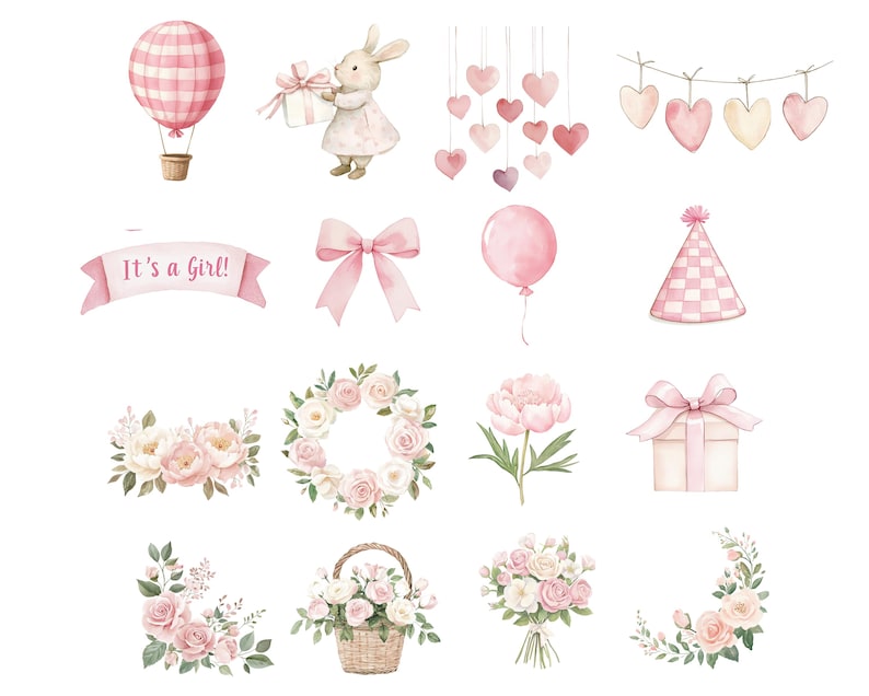K&ouml;nnte beinhalten: Aquarellillustrationen f&uuml;r eine Babyparty. Enth&auml;lt einen rosa Hei&szlig;luftballon, ein H&auml;schen mit Geschenk, ein Banner mit der Aufschrift "It's a Girl!", eine rosa Schleife, einen Ballon, eine Partyhut, Blumenarrangements, eine Geschenkbox und h&auml;ngende Herzen.
