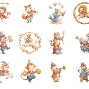 May include: Watercolor illustrations of circus animals, including a monkey on a swing, a fox playing the violin, a seal juggling balls, and a lion in a decorative frame. Other animals include a monkey juggling, a poodle in a frame, a tiger on a pedestal, and an elephant playing a trumpet.