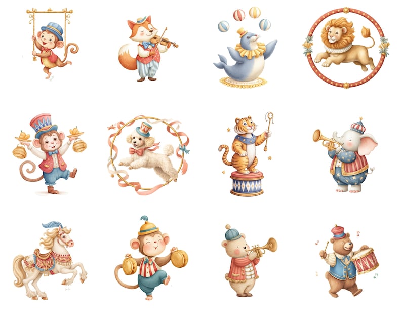 May include: Watercolor illustrations of circus animals, including a monkey on a swing, a fox playing the violin, a seal juggling balls, and a lion in a decorative frame. Other animals include a monkey juggling, a poodle in a frame, a tiger on a pedestal, and an elephant playing a trumpet.