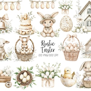 Puede incluir: Ilustraciones en acuarela con temática de Pascua. La imagen incluye un conejito, un cordero, huevos, cestas, un pastel, una campana y una casita. El texto "Rustic Easter" se muestra en el centro.