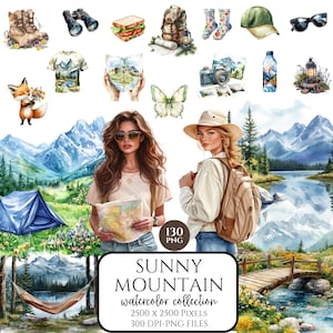 Clipart de montanha de verão em aquarela, trilha de caminhada PNG, natureza alpina, montanhistas, scrapbooking, adesivos digitais, uso comercial