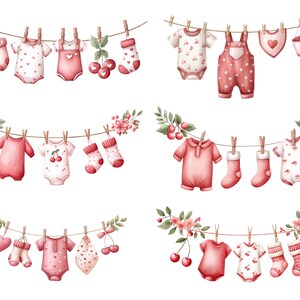 Puede incluir: Ilustraci&oacute;n en acuarela de ropa de beb&eacute; colgada en un tendedero. La imagen presenta peleles rosas, calcetines, baberos y una taza, decorados con corazones, cerezas y detalles florales. La ropa est&aacute; suspendida por pinzas de madera.
