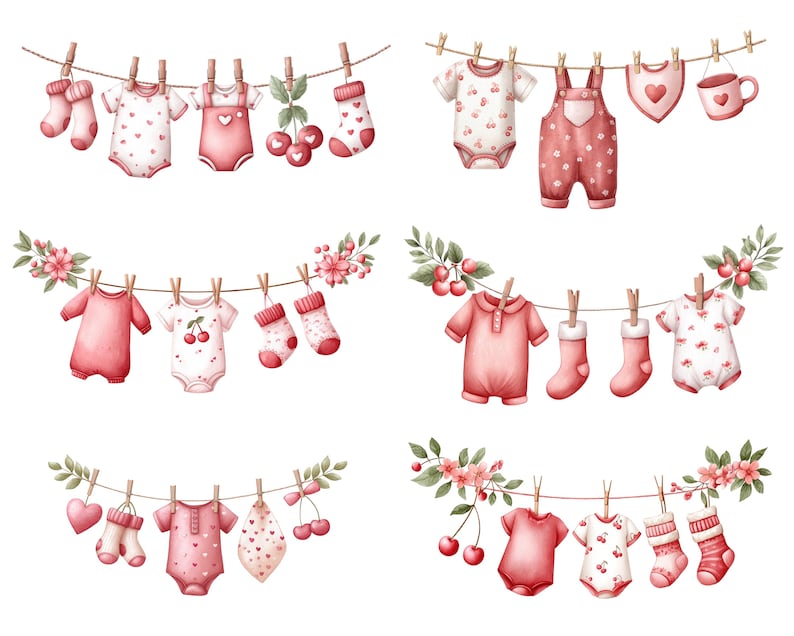Puede incluir: Ilustraci&oacute;n en acuarela de ropa de beb&eacute; colgada en un tendedero. La imagen presenta peleles rosas, calcetines, baberos y una taza, decorados con corazones, cerezas y detalles florales. La ropa est&aacute; suspendida por pinzas de madera.