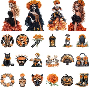 May include: A collection of D&iacute;a de los Muertos-themed illustrations. The images include women in elaborate costumes, a black cat, a decorative handbag, a pumpkin, and a variety of floral arrangements. The color palette features black, orange, and yellow.