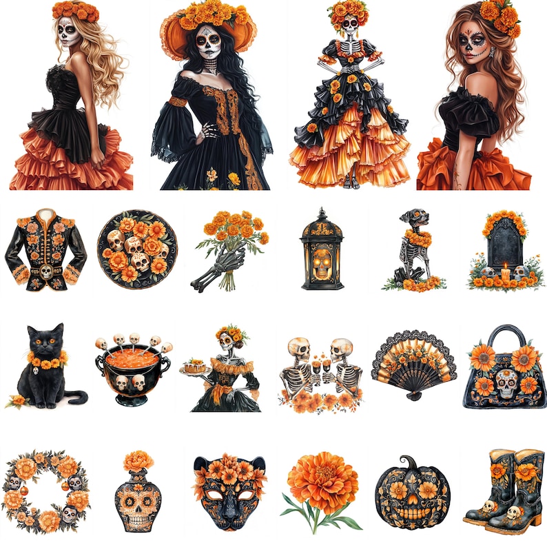 May include: A collection of D&iacute;a de los Muertos-themed illustrations. The images include women in elaborate costumes, a black cat, a decorative handbag, a pumpkin, and a variety of floral arrangements. The color palette features black, orange, and yellow.