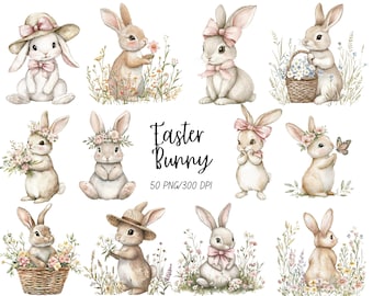Watercolor Easter Bunnies Clipart, Bunny Girl PNG, Pink Bunnies Clipart, Spring Floral Clipart, Nursery Clip Art, Easter Digital Download