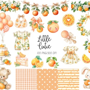 May include: Watercolor illustrations of oranges and orange blossoms. Includes a baby romper, dress, bib, balloons, cake, and a teddy bear. The text "Little Cutie" is also present. The overall theme is baby and nursery.
