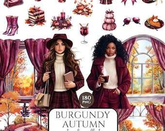 Akwarela Burgundowa Jesień Clipart, Cottagecore Jesień PNG, Rustykalne Naklejki Jesienne, Uroczy Scrapbooking Jesienny, Pakiet Clipartów, Użytek Komercyjny