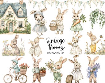 Vintage Bunny Easter Clipart – Spring Watercolor Cottagecore Illustrations – Commercial Use PNG