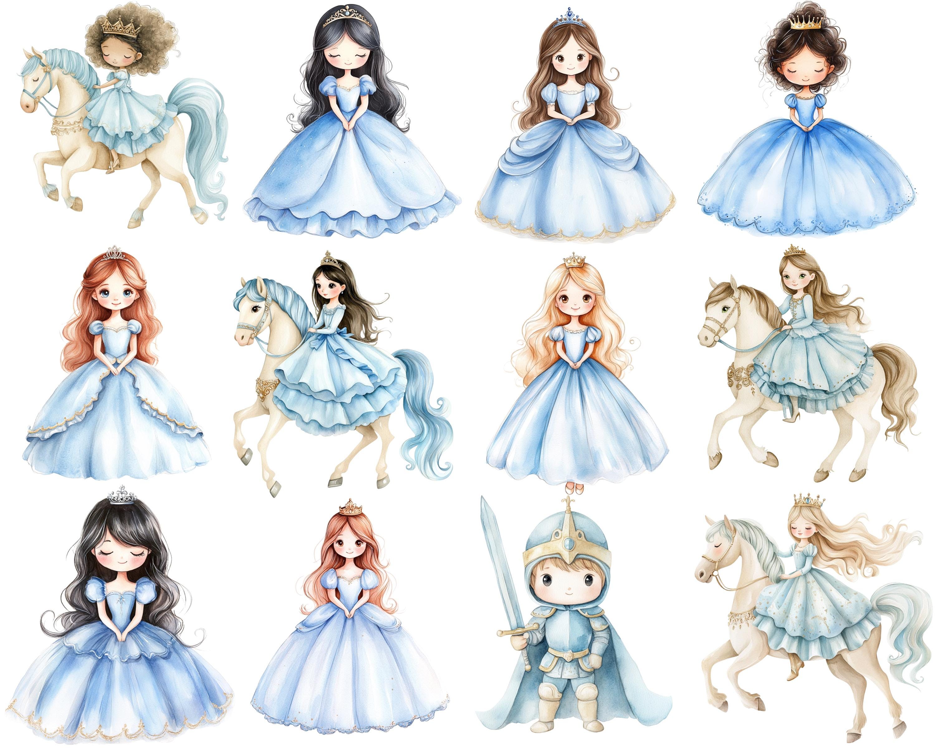 Watercolor Blue Princess Clipart Bundle: Fairytale PNG Graphics ...
