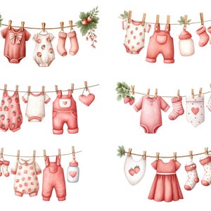 May include: Watercolor illustration of baby clothes hanging on a clothesline. The clothes include onesies, overalls, socks, and a dress, in shades of pink and white. Some items feature strawberry patterns and heart designs. The clothesline is decorated with green leaves and red berries.