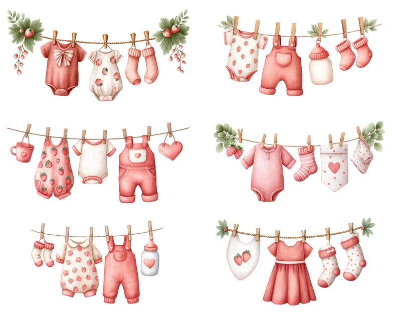 May include: Watercolor illustration of baby clothes hanging on a clothesline. The clothes include onesies, overalls, socks, and a dress, in shades of pink and white. Some items feature strawberry patterns and heart designs. The clothesline is decorated with green leaves and red berries.