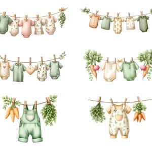 May include: Watercolor illustrations of baby clothes hanging on a clothesline. The clothes include onesies, overalls, and shirts in pastel colors like green, pink, and beige. Some garments have carrot and heart designs. The clotheslines are decorated with greenery and carrots.