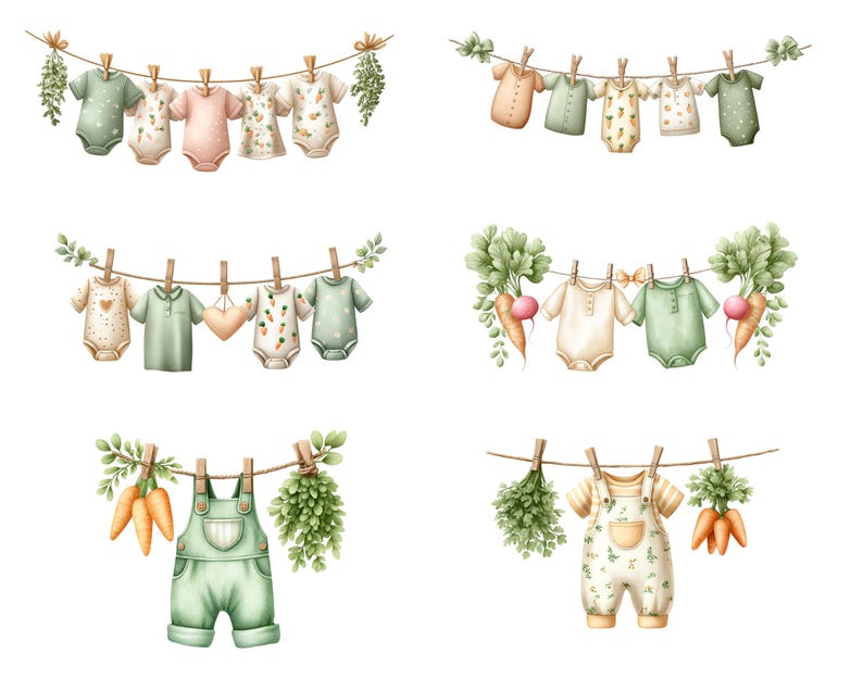 May include: Watercolor illustrations of baby clothes hanging on a clothesline. The clothes include onesies, overalls, and shirts in pastel colors like green, pink, and beige. Some garments have carrot and heart designs. The clotheslines are decorated with greenery and carrots.
