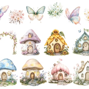 May include: Watercolor illustrations of whimsical fairy houses and butterflies in soft pastel colors. The collection includes mushroom-shaped houses, a sunflower house, and a floral archway, perfect for crafting and scrapbooking projects.