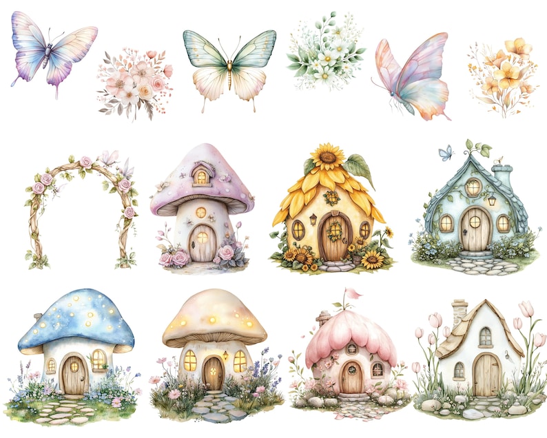 May include: Watercolor illustrations of whimsical fairy houses and butterflies in soft pastel colors. The collection includes mushroom-shaped houses, a sunflower house, and a floral archway, perfect for crafting and scrapbooking projects.