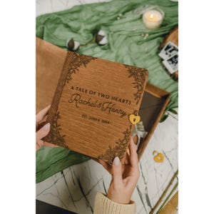Personalized memory box for couples anniversary, Memory book box for newlyweds, Wooden keepsake box for preserving romantic memories.