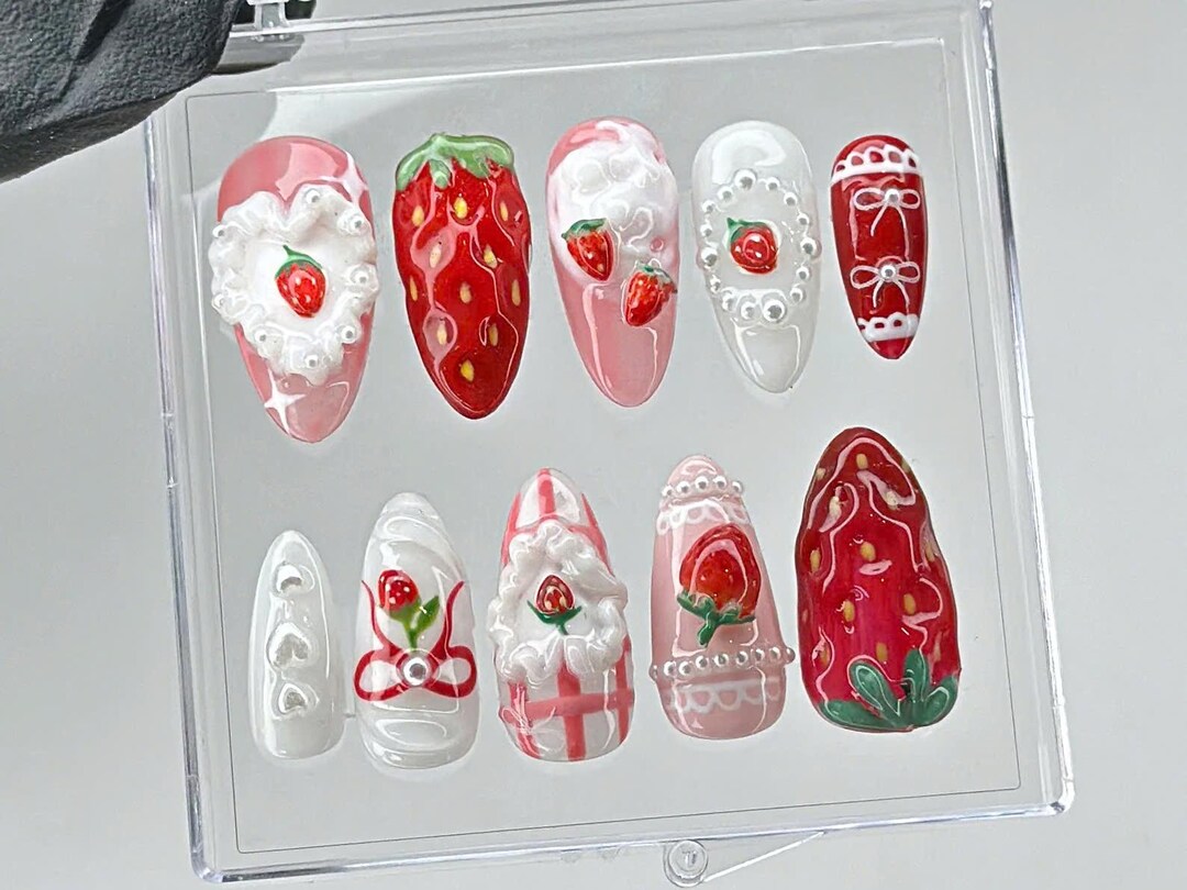 Dreamy Pink Press on Nails, Nail Set With Strawberry Design Fake Nails, Adorable 3D Cream Nail Art, Nail Charms, Pink Press Ons, - Etsy