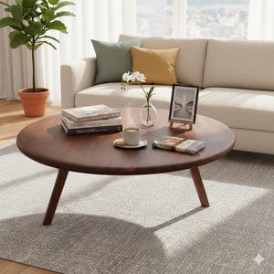 Mid Century Modern Round Coffee Table – Solid Walnut Wood MCM Furniture, Minimalist Handmade Vintage Style Living Room Deco