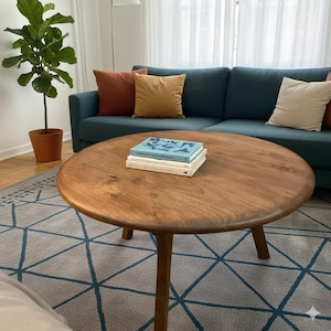 Scandinavian Mid Century Coffee Table – Retro Solid Wood Round MCM Furniture, Minimalist Handmade Unique Coffee Table for Home Decor