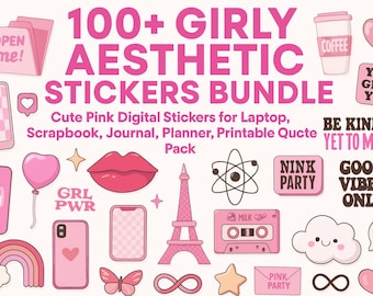 Paquete de más de 100 pegatinas estéticas femeninas / Lindas pegatinas digitales rosas para portátil, álbum de recortes, diario, agenda y paquete de citas imprimibles