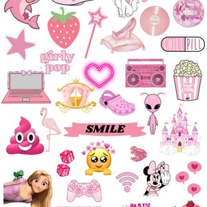 May include: A collection of pink stickers featuring various designs, including a shark, a cat, a strawberry, a laptop, a heart, a frog, a castle, and text that says "girly pop", "smile", "netflix", and "main character energy".