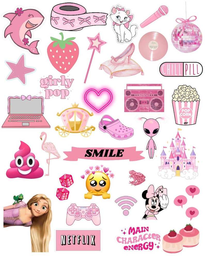 May include: A collection of pink stickers featuring various designs, including a shark, a cat, a strawberry, a laptop, a heart, a frog, a castle, and text that says "girly pop", "smile", "netflix", and "main character energy".