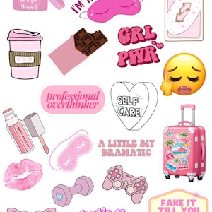 May include: A collection of pink stickers with various designs and text. Includes a sleep mask, coffee cup, chocolate bar, lipstick, a suitcase, and phrases like "Self Care" and "Fake it till you make it."