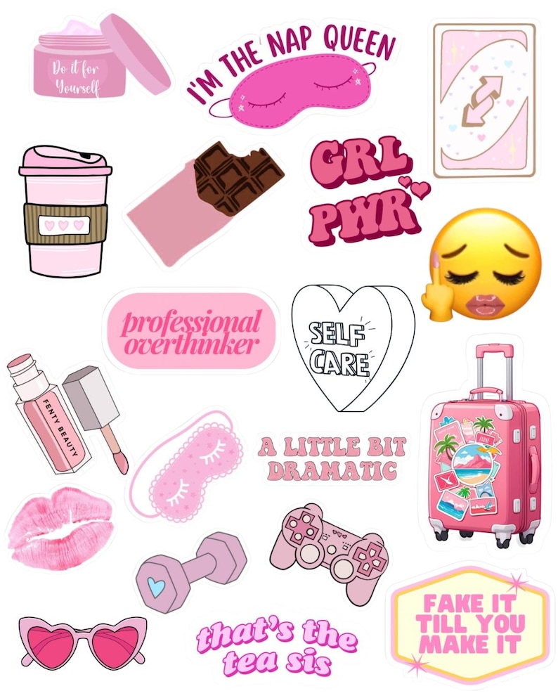 May include: A collection of pink stickers with various designs and text. Includes a sleep mask, coffee cup, chocolate bar, lipstick, a suitcase, and phrases like "Self Care" and "Fake it till you make it."