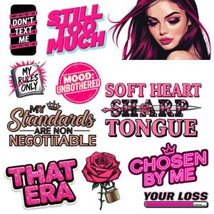 Printable pink aesthetic stickers featuring main character energy and villain era phrases